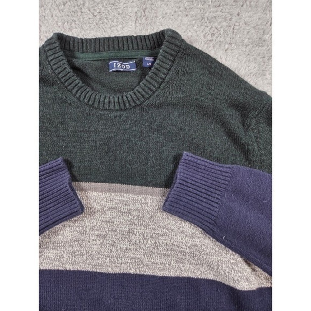 IZOD Mens Large Green Navy Gray Stripe Crew Neck Long Sleeve Sweater L